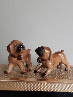 *2 for $20 deal* Ceramic Boxer Puppies / Chained Dog Figurine Pair - Japan